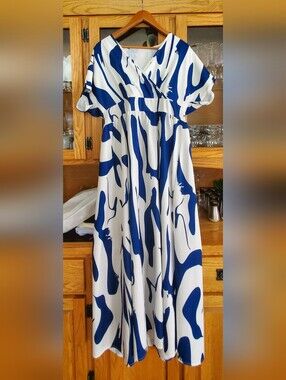 SHEIN White and Blue Abstract V-Neck Maxi Dress